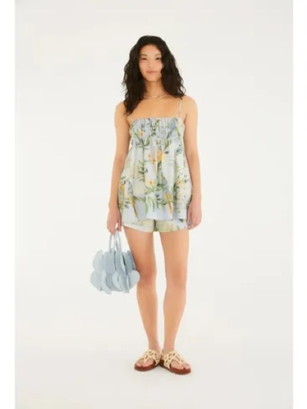 FARM Rio Light Blue Floral Smocked Strapless Top and Shorts Set